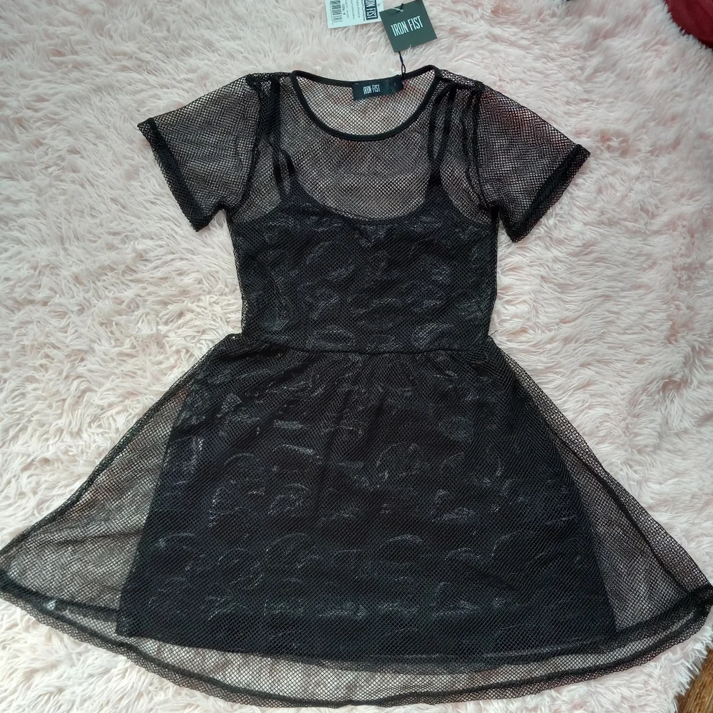 😵Fishnet overlay iron fist babydoll style "Skullz Club Mini Dress" ☠ Gothic nwt - Picture 7 of 16